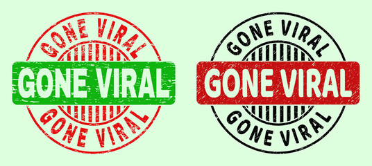 GONE VIRAL bicolor round watermarks with scratched style. Flat vector textured seals with GONE VIRAL message inside circle, in red, black, green colors. Round bicolor stamps.