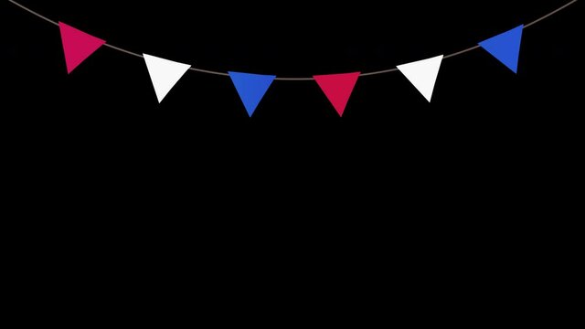 Bunting, hanging down, 3D animation, white, blue and red triangle flags, American Flag, US flag, British flag, Union Jack colours. Isolated with alpha matte.