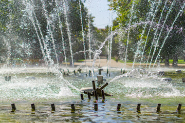 Sunny view of water sparkles of fountains in Nalchik, Kabardino-Balkaria, Russia