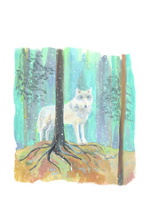 Watercolor illustration of a wolf in the forest.