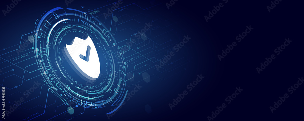 Fototapete Cyber Security and information or network protection. 3d Internet security concept with shield and hi-tech technology elements background.