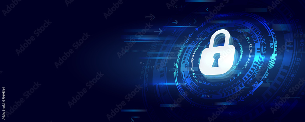 Poster Cyber security for business and internet project. 3d Vector illustration of a data security services. Data protection, privacy, and internet security concept.