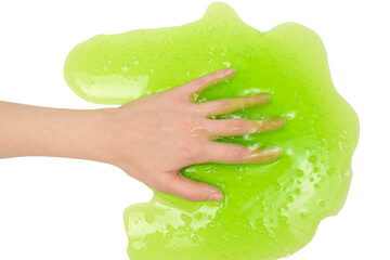 Green slime toy in woman hand isolated on white background.