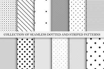 Collection of vector geometric seamless patterns. Simple dotted and striped textures - repeatable backgrounds. Black and white unusual design