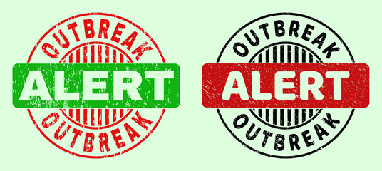 OUTBREAK ALERT bicolor round imprints with distress texture. Flat vector distress seals with OUTBREAK ALERT phrase inside round shape, in red, black, green colors. Rounded bicolor seals.