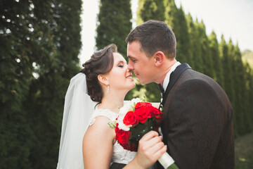 Sensual portrait of a young wedding couple. Outdoor