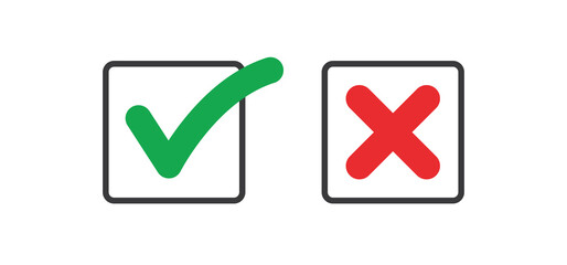 Check mark icons. Green tick and red x. Approval and decline symbols.