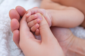 Obraz na płótnie Canvas Baby's hand in the palm of mother and father. The concept of family happiness.