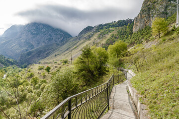 Fototapeta na wymiar Cloudy view of mountains in North Osetia Alania, North Caucasus, Russia