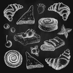 puff pastries sketch collection on black chalkboard. Pastry with berries chalk drawing in vintage style on blackboard. puff cakes, buns, patty croissant, turnovers, pie. baking clipart for menu design