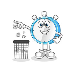 alarm clock Throw garbage in trash can mascot. cartoon vector