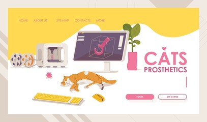 Cats prosthesis landing page template. Vector vibrant banner with 3d printer, desktop monitor and kitten without leg