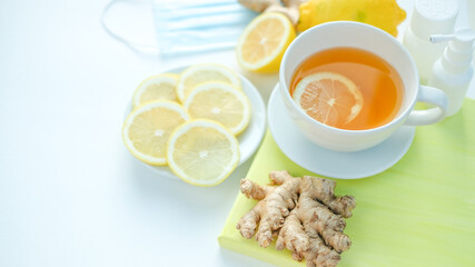 ginger root mask, medical , medicine,foods are good for health and immunity. protection against viruses . white space and notepad for text and recipe