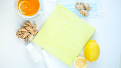 ginger root mask, medical , medicine,foods are good for health and immunity. protection against viruses . white space and notepad for text and recipe