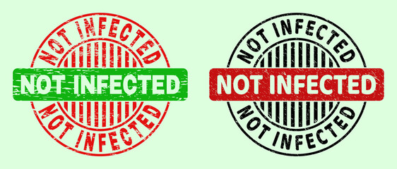 NOT INFECTED bicolor round imprints with grunge surface. Flat vector grunge watermarks with NOT INFECTED phrase inside circle, in red, black, green colors. Rounded bicolor watermarks.