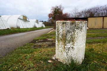 A growthhouse in the background with a white cornerstone in the front