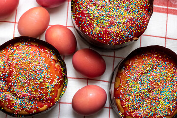 Easter. Easter cake with sweet red fondant and Easter eggs. Easter atmosphere.