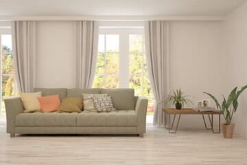Stylish room in white color with sofa and autumn landscape in window. Scandinavian interior design. 3D illustration
