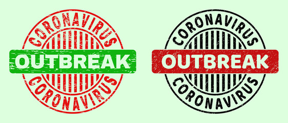 CORONAVIRUS OUTBREAK bicolor round watermarks with grunge surface. Flat vector grunge stamps using CORONAVIRUS OUTBREAK caption inside round shape, in red, black, green colors.