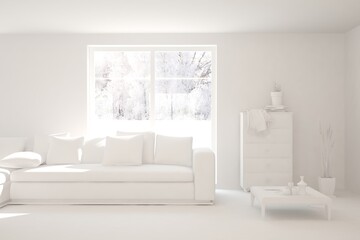 White minimalist living room with sofa. Scandinavian interior design. 3D illustration