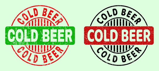 COLD BEER bicolor round watermarks with scratched texture. Flat vector scratched seal stamps with COLD BEER phrase inside circle, in red, black, green colors. Round bicolour seal stamps.