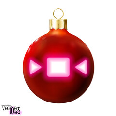 Obraz premium Red Christmas ball decorated candy, pink neon lamp, isolated on white. Icon, glossy realistic bauble. Merry xmas, New year design decoration. Modern fluorescent. Vector illustration