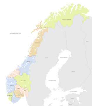Norway location map in Europe with administrative divisions of the country, detailed vector illustration