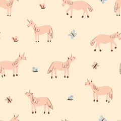 Unicorn and butterflies simple childish seamless pattern for kids - for fabric, wrapping, textile, wallpaper, background.