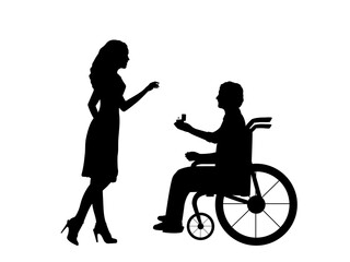 Fototapeta na wymiar Silhouettes of man in wheelchair makes an offer gives wedding ring to woman