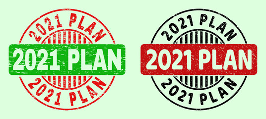 2021 PLAN bicolor round rubber imitations with grunged style. Flat vector distress seals with 2021 PLAN title inside round shape, in red, black, green colors. Rounded bicolor seals. © imagecatalog