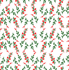 Christmas berries and branches on white background seamless pattern