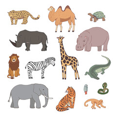 African animals map vector hand drawn illustrations set.