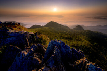 View point, sea mist, mountain with sunrise at Doi Pha Mon Chiang Rai Popular tourist places