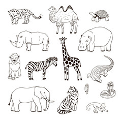 African animals map vector hand drawn illustrations line set.