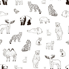 eurasia continent world animals map hand drawn vector illustrations seamless line pattern