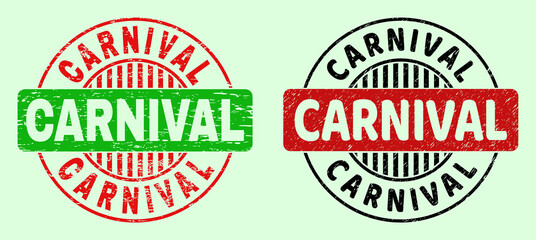 CARNIVAL bicolor round imprints with corroded texture. Flat vector scratched watermarks with CARNIVAL phrase inside round shape, in red, black, green colors. Round bicolor watermarks.