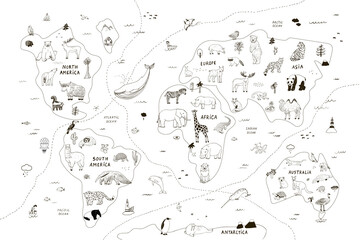 Animals vector hand drawn line world map