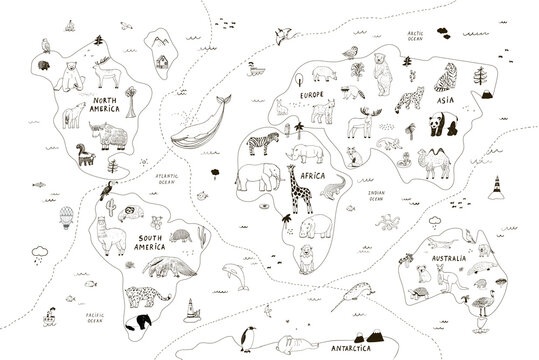 Animals vector hand drawn line world map © GooseFrol