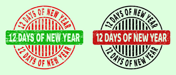 12 DAYS OF NEW YEAR bicolor round watermarks with corroded style. Flat vector distress stamps with 12 DAYS OF NEW YEAR title inside circle, in red, black, green colors. Round bicolor seal stamps.