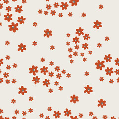 Vector seamless pattern with small pretty red flowers on beige backdrop. Liberty style millefleurs. Simple floral background. Elegant ditsy ornament. Repeat design for decor, textile, wallpaper, print