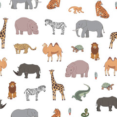 African animals map vector hand drawn seamless pattern.