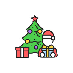 Christmas decorated tree and child color line icon. Glowing lights. Editable stroke.