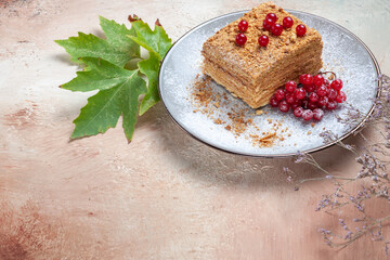 front view cake slice with red berries on light background cake pie biscuit sweet