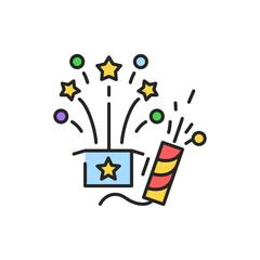 Fireworks and clapperboard color line icon. Glowing lights. Editable stroke.