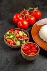 Close up view of different kinds of vegetables and rice on a brown plate on dark background