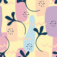 Vector abstract floral seamless pattern. Modern doodle painting background. Texture with flower silhouettes, stones, organic shapes. Stylish colorful illustration. Yellow, pink, lilac, pink, blue