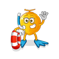 Naklejka premium king coconut swimmer with buoy mascot. cartoon vector