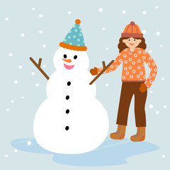 A girl with snowman. Flat design. Character illustration. Christmas and Happy New Year theme.