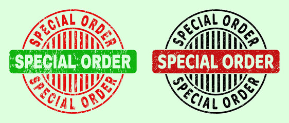 SPECIAL ORDER bicolor round imprints with unclean texture. Flat vector grunge seal stamps using SPECIAL ORDER message inside round shape, in red, black, green colors. Round bicolor seal stamps.