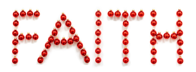 Red Christmas Ball Ornament Building English Word Faith. Festive Christmas Decoration. White Isolated Background